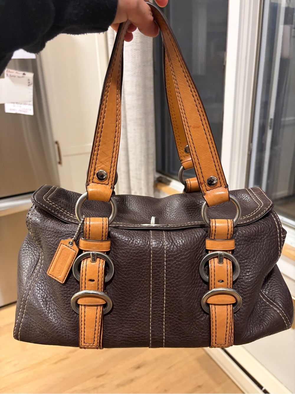 Coach F12634 Brown Pebbled Leather Buckle Turnlock Satchel Bag Y2K 2008
